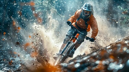 Mountain biker rides through the snow covered forest creating a water splash - obrazy, fototapety, plakaty