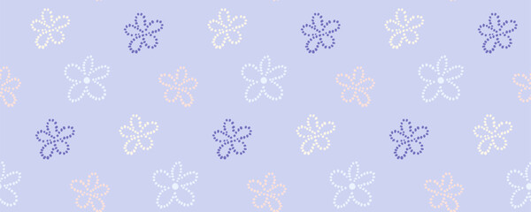Beaded flowers pattern, seamless texture. Pastel blue naive ditsy floral retro vector background. - 767167877
