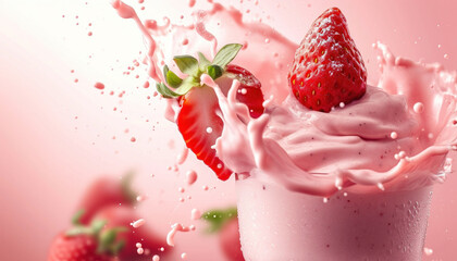 Refreshing strawberry milkshake splash with fresh fruit on pink background for summer beverage concept