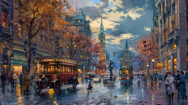 Explore bustling city center in panoramic oil painting.