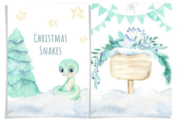 Set Of New Years Cards With Cute Watercolor Snakes