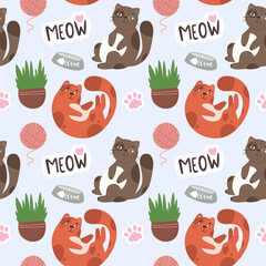 Seamless pattern with domestic cats. Vector pattern in cartoon flat style.
