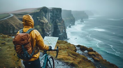 Man on a bicycle near the cliffs edge overlooking the ocean on a foggy day - obrazy, fototapety, plakaty