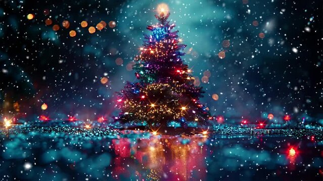 Neon Christmas tree. Loop. Falling snowflakes. Neon. Falling snowflakes effect. Noel. Loop. Christmas tree. Loop. Generative AI.