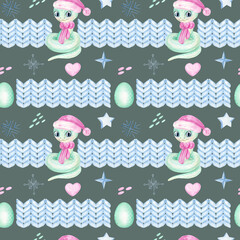New Year Seamless Pattern with Watercolor Festive Cute Snakes