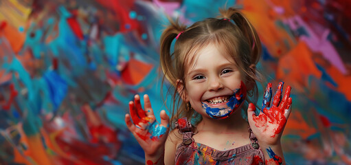 A cheerful little girl with paint on her hands smiles against the background of an abstract painting in the style of an empty space