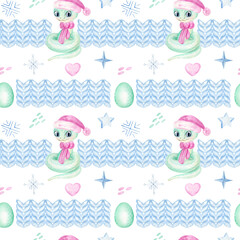 New Year Seamless Pattern with Watercolor Festive Cute Snakes