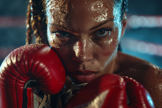 A beautiful female boxer with braids wearing boxing gloves, in the ring, close up sho