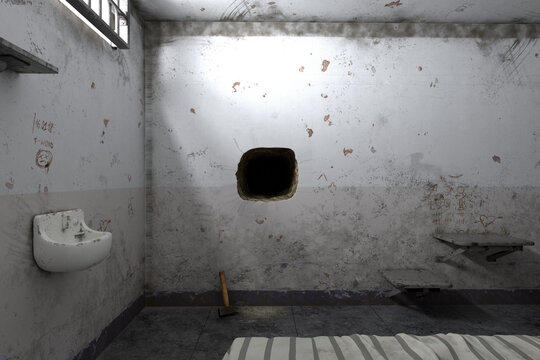 Eerie Escape: Dilapidated Prison Cell with a Mysterious Ceiling Hole