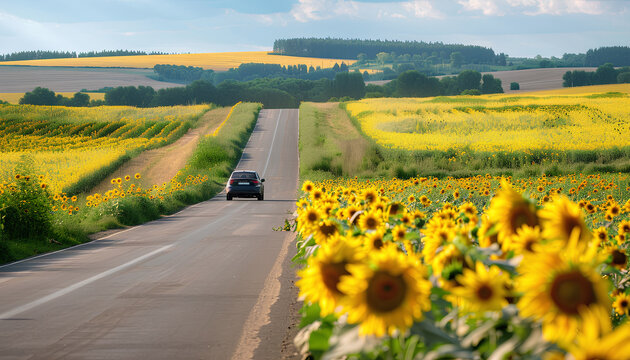 car drives along an asphalt road on one side there is a field of sunflowers on the other side there is a field of wheat