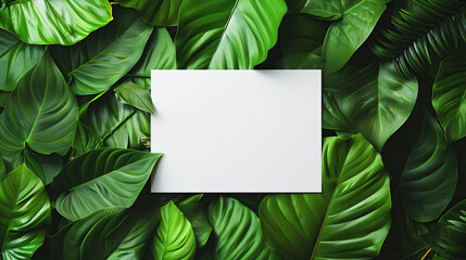 A white card in the center of an arrangement made from lush green leaves, creating a visually appealing and nature-inspired background for text or design. The card is empty with no content, allowing i