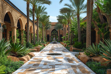 Beautiful eco hotel in lush oasis of a desert, traditional Arabian architecture surrounded by palm...