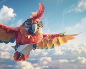 A 3D rendering of a parrot as a pilot, wearing goggles and flying a paper airplane in the sky