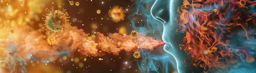 Dynamic illustration of a sneeze, showing the expulsion of viruses and bacteria from the human respiratory tract  3D illustration - obrazy, fototapety, plakaty