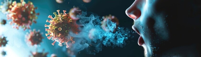 Dynamic illustration of a sneeze, showing the expulsion of viruses and bacteria from the human respiratory tract  3D illustration - obrazy, fototapety, plakaty