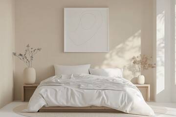 Modern Minimalist Bedroom Interior with Neutral Tones and Artwork, banner with copy space