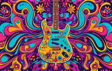 A 60s rock concert poster with vibrant psychedelic designs, perfect for a music festival-themed retro banner