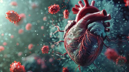 Artistic rendering of the human heart with an emphasis on pathogens in the bloodstream and the bodys defense mechanisms  3D illustration - obrazy, fototapety, plakaty