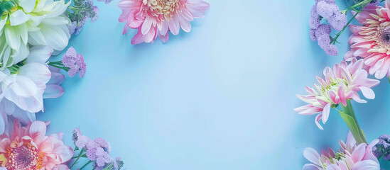 Fototapeta premium A floral frame on the left side of an empty blue background, colorful flowers in pastel colors, soft lighting, high resolution photography in the style of insanely detailed photography
