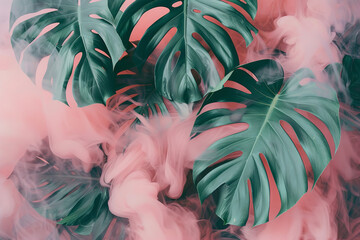 pattern of tropical green monstera leafs with pastel pink color smoke