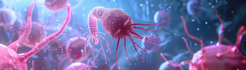Closeup illustration of a bacteriophage attacking a harmful bacterium within the human body, highlighting this natural predator  3D illustration - obrazy, fototapety, plakaty