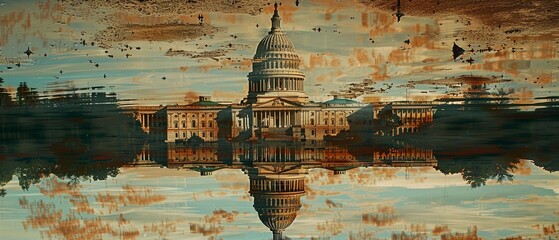 A capital building reflected in a pool of oil, symbolizing the pollution of politics by corrupt industries