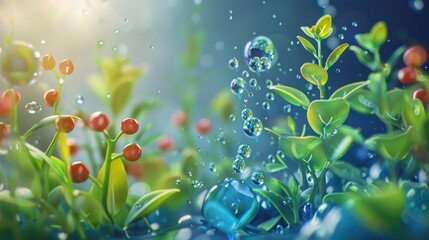 Conceptual image of photosynthesis at the molecular level, showing how water and carbon dioxide molecules are transformed into glucose and oxygen  3D illustration - obrazy, fototapety, plakaty