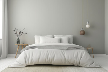 Minimalistic Bedroom Interior with Neutral Tones, Modern Furniture and Decor - obrazy, fototapety, plakaty