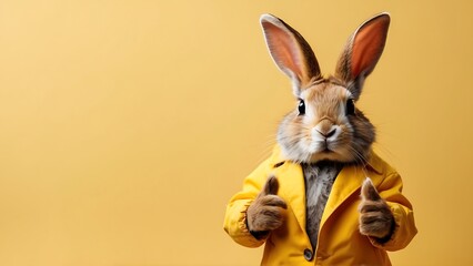 Funny rabbit in yellow jacket showing thumbs up on yellow background. - obrazy, fototapety, plakaty