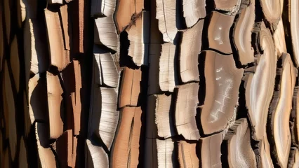 Fototapeten A close up of a pile of wood with many different sizes and shapes. The wood appears to be old and has a rustic, natural feel to it. The arrangement of the wood creates a sense of depth and texture © Sarbinaz Mustafina