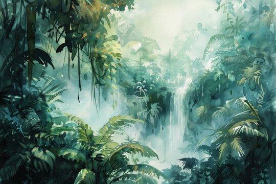 Misty rainforest with a beautiful waterfall in the background, surrounded by lush green foliage creating a vibrant and alive atmosphere.