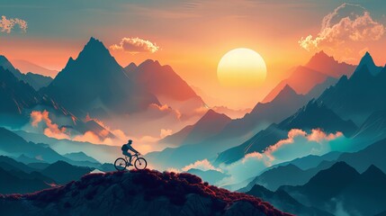 Thrilling Mountain Biking Adventure at Sunset in the Majestic Mountains - obrazy, fototapety, plakaty
