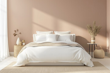 Fototapeta na wymiar Minimalist Bedroom with Natural Tones, Comfortable Bedding, and Modern Aesthetics