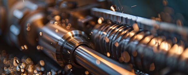 A close-up of a lathe machine shaping a metal rod, showcasing the precision of modern metalworking in manufacturing