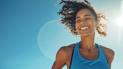 Active woman smiling with sun flare. Close-up outdoor fitness portrait with copy space.