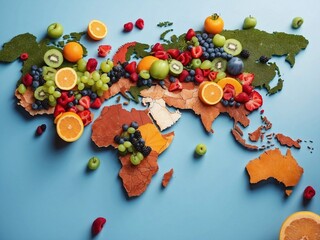 World map made of fresh fruits and crackers isolated on blue background. International Fruit Day concept