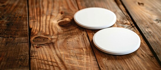 Two empty white beer coasters are displayed on a rustic wooden table background. This setup serves as a demonstration of responsive design. - obrazy, fototapety, plakaty