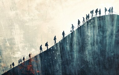 A conceptual illustration of people climbing a steep hill that morphs into a sharp cliff, depicting the sudden downturn of a recession following a bubble - obrazy, fototapety, plakaty
