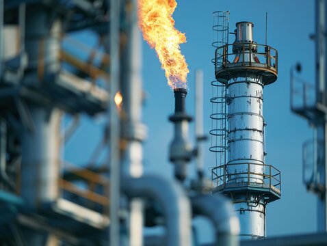 A detailed view of a gas flare stack in a refinery highlighting the process of burning excess gases to reduce emissions
