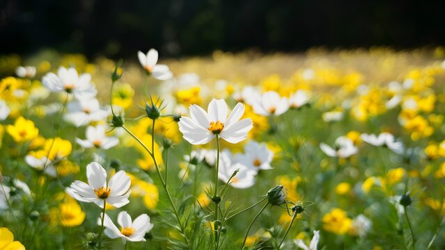 Frame Shallow depth of field light yellow cosmos flowers field