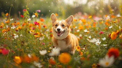 Smiling Corgi dog sitting among colorful wildflowers. Pet portrait in natural setting