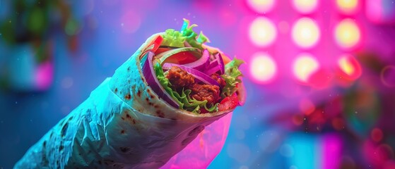A gyro wrap under a neon light, with the textures of the meat and veggies sharply defined