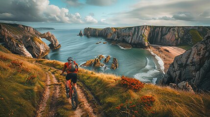 Active man mountain biking along coastal cliffs overlooking the Irish Sea in Wales, UK - obrazy, fototapety, plakaty