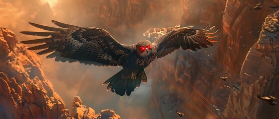 A hawk with neon red laser eyes, soaring high above a canyon at sunrise
