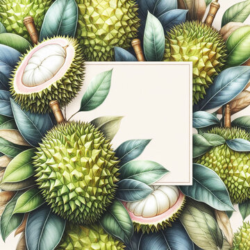 Durian fruit frame on white background.