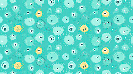 Pattern of funny microscopic creatures with eyes, turquoise seamless wallpaper design of microorganisms with cute faces