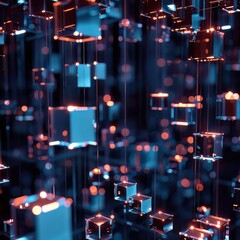 A matrix of glowing cubes suspended in a 3D space, creating a depth of field that showcases advanced graphical capabilities