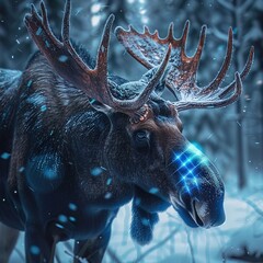 A moose with neon blue antler lasers, standing in a snowy Canadian forest