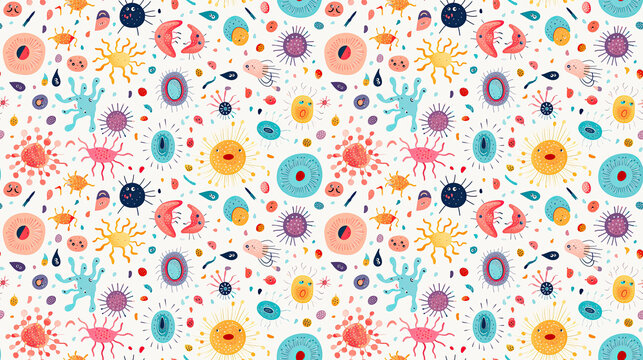 Pattern of cute microscopic sea creatures, seamless wallpaper design of microorganisms on a light background