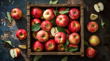 Fresh apples in a wooden crate on a rustic blue background. Flat lay composition with copy space